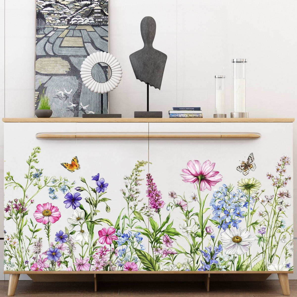 Color butterfly flowers and green plants electrostatic window decal