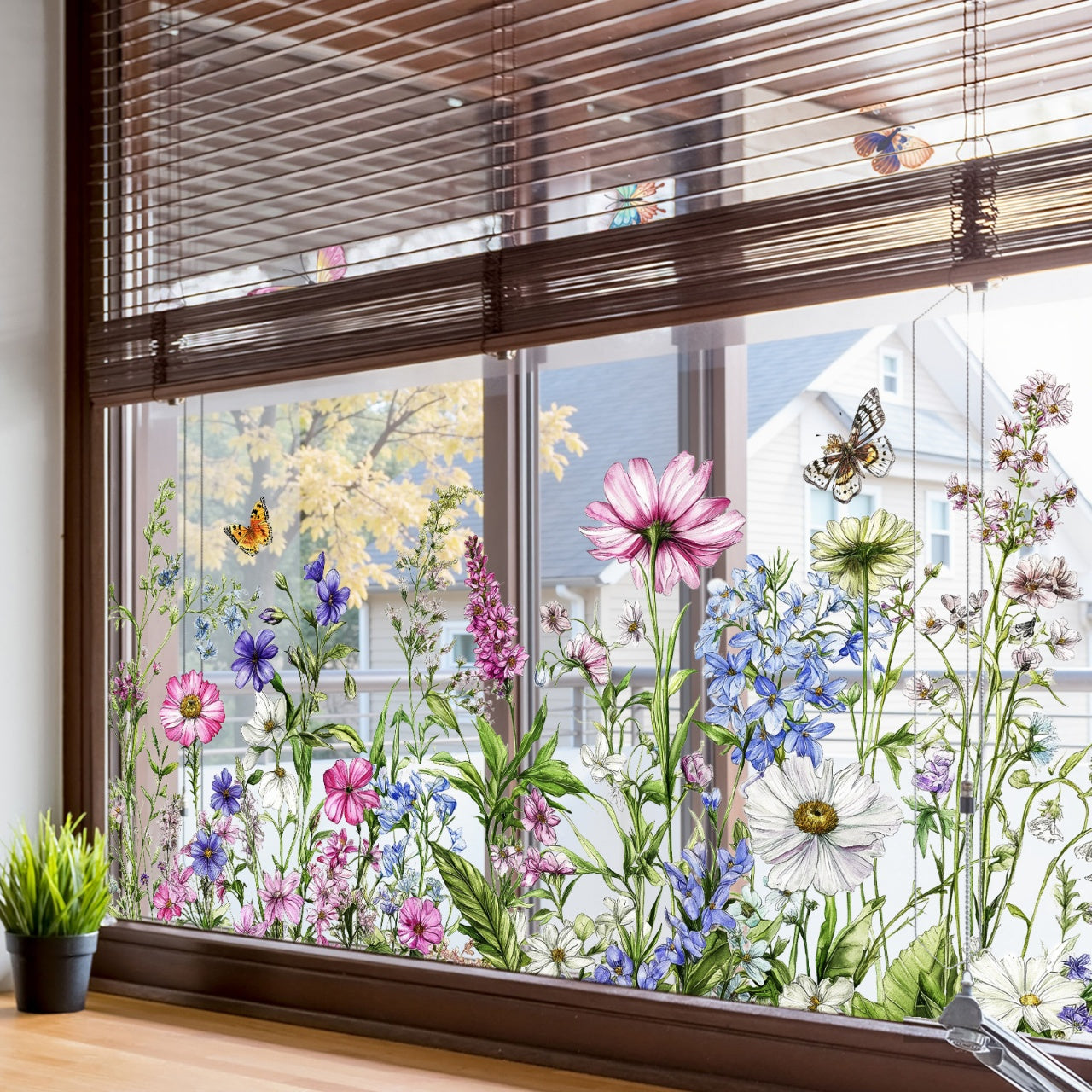 Color butterfly flowers and green plants electrostatic window decal