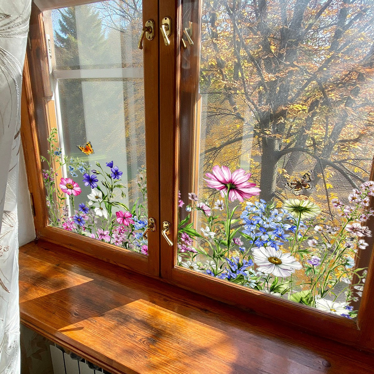 Color butterfly flowers and green plants electrostatic window decal